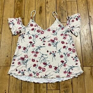 American Eagle Soft & Sexy Crepe Floral Cold Shoulder Top Pink Cream Small